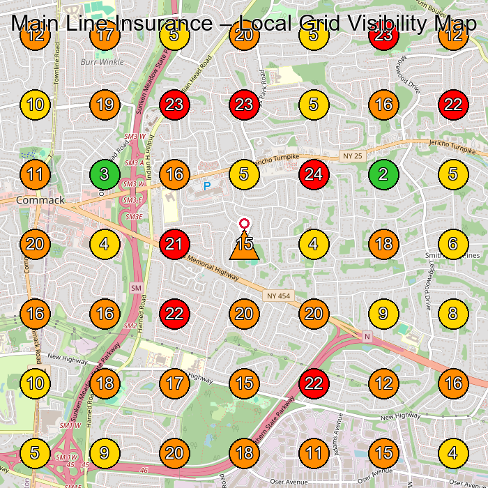 Main Line Insurance Health Insurance Agency GeoGrid ranking map for Commack NY